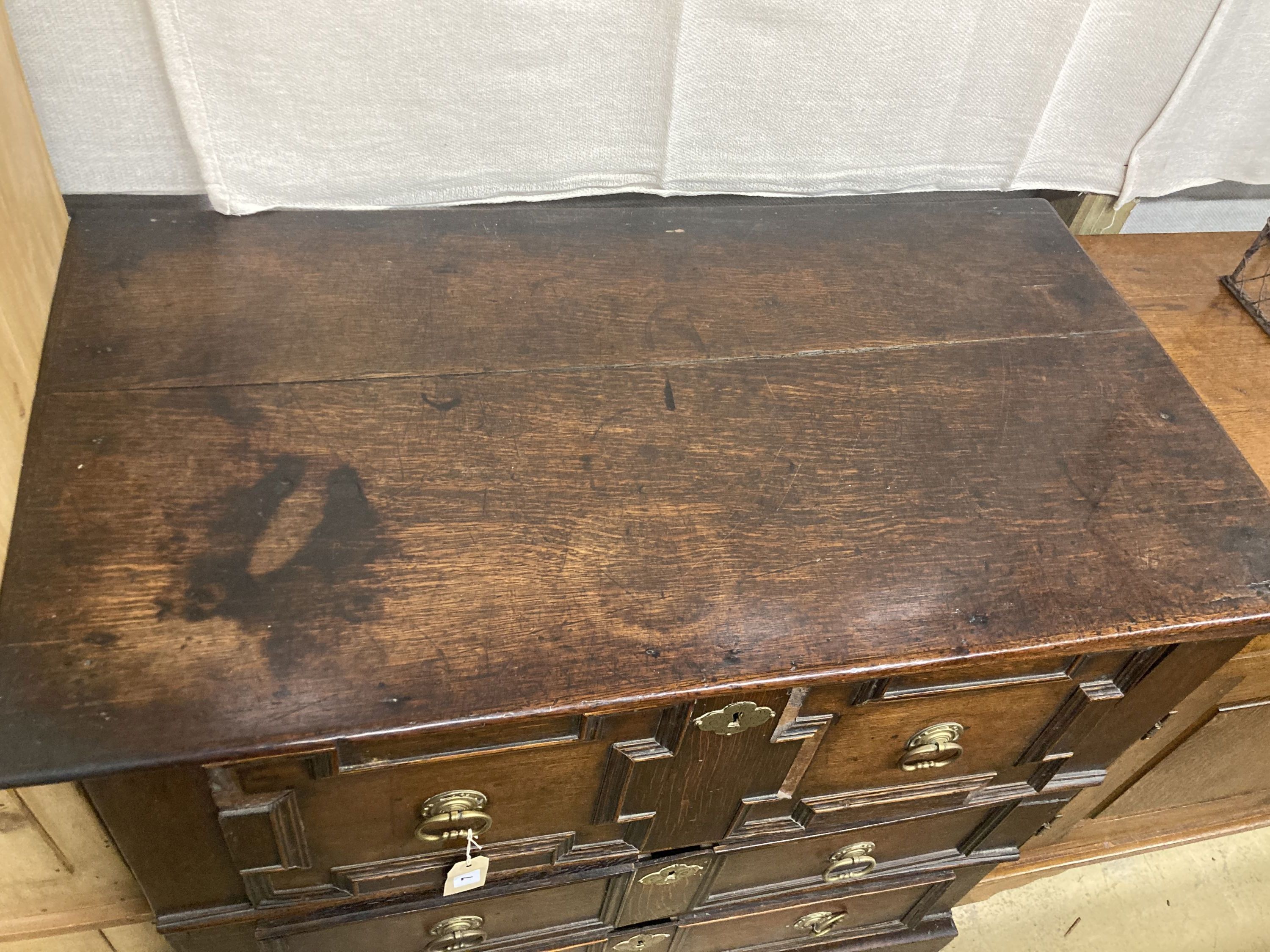 A small late 17th century oak chest, width 96cm, depth 53cm, height 90cm